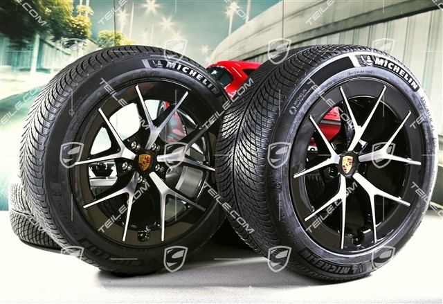 21" Cayenne RS Spyder Design Winterräder Satz, Felgen 9,5J x 21 ET16 + 11J x 21 ET37 + Michelin Pilot Alpin 5 Winterreifen 275/45 R21 + 315/40 R21, schwarz hochglanz