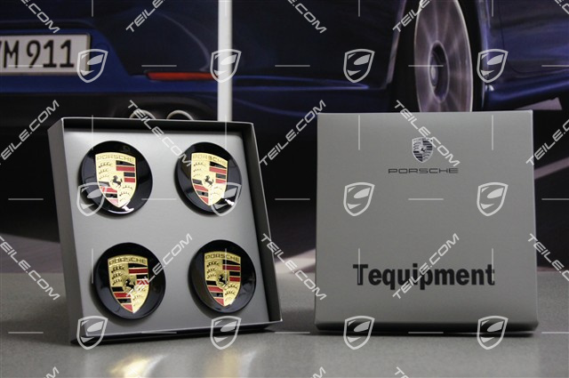 Radzierdeckel Satz (4 Stück), schwarz, Hochglanz, mit farbigem Porsche Wappen, KONKAV