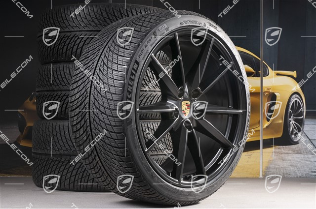 20"+21" Carrera S Winterräder Satz, Felgen 8,5J x 20 ET53 + 11J x 21 ET66 + Michelin Winterreifen 245/35 R20 + 295/30 R21, in Schwarz Seidenmatt