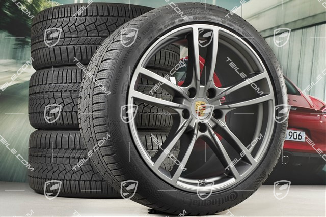21-inch Cayenne Turbo winter wheel set, rims 9,5J x 21 ET46 + 11,0J x 21 ET58 + Continental winter tyres 275/40 R21 + 305/35 R21, with TPMS, Platinum satin matt