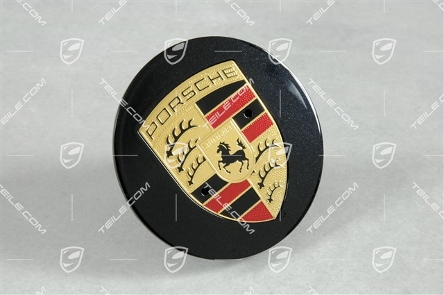 Radzierdeckel, konkav, Wappen farbig, Tiefenschwarzmetallic, für 20" Carrera Sport Felgen Radzierdeckel, konkav, Wappen farbig, Tiefenschwarzmetallic, für 20" Carrera Sport Felgen