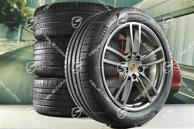 21-inch Cayenne Turbo Design summer wheel set, rims 9,5J x 21 ET46 + 11,0J x 21 ET58 + Pirelli P Zero summer tyres 285/40 R21 + 315/35 R21, with TPMS, Platinum satin mat
