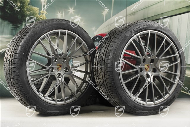 21" Cayenne COUPÉ RS Spyder Winterräder Satz, Felgen 9,5J x 21 ET46 + 11,0J x 21 ET49 + Pirelli Winterreifen 275/40 R21 + 305/35 R21, mit RDK-Sensoren, Platinum Seidenmatt
