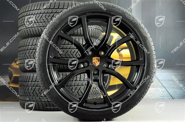 21" Cayenne Exclusive Design Winterräder Satz, Felgen 9,5J x 21 ET46 + 11,0J x 21 ET58 + Pirelli Winterreifen 275/40 R21 + 305/35 R21, mit RDK-Sensoren, Schwarz Seidenmatt