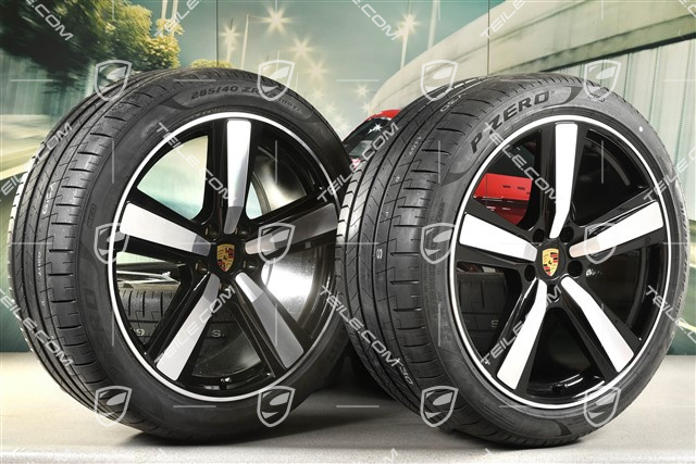 22-inch summer wheel set Cayenne Coupé Exclusive Design Sport, wheel rims 10J x 22 ET48 +11,5J x 22 ET52 + NEW Pirelli summer tyres 285/40 R22 + 315/35 R22, black high gloss