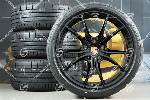 20" Carrera S summer wheels set, rims 8J x 20 ET57 + 10J x 20 ET45 + NEW Pirelli summer tires 235/35 ZR20 + 265/35 ZR20, black (high gloss), with TPMS