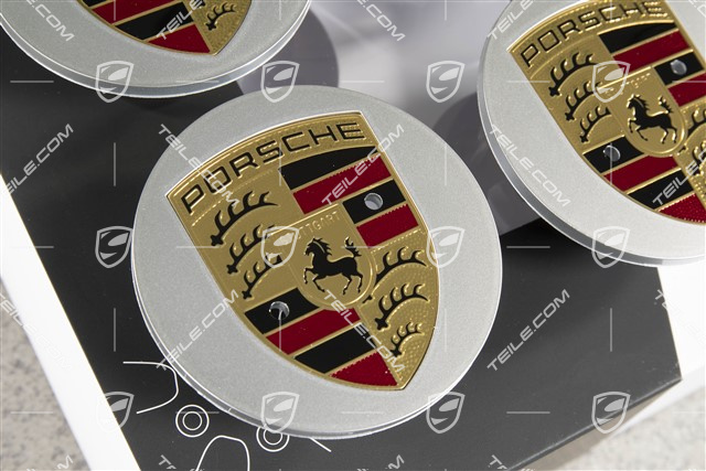 Radzierdeckel Satz (4 Stück), in Brillantchrom mit farbigem Porsche Wappen