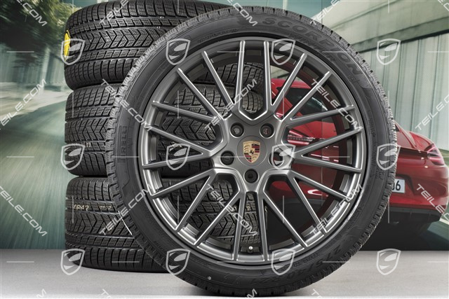 21-inch Cayenne RS Spyder winter wheel set, rims 9,5J x 21 ET46 + 11,0J x 21 ET58 + NEW Pirelli winter tyres 275/40 R21 + 305/35 R21, with TPMS, Platinum satin matt