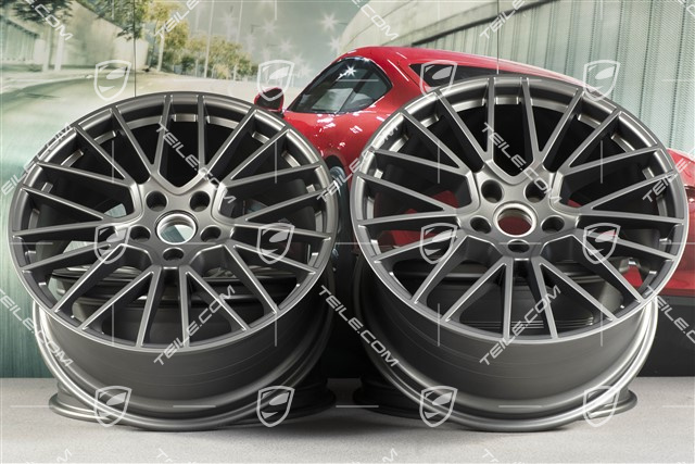 21" Komplet felg Cayenne RS Spyder, 11J x 21 ET49 + 9,5J x 21 ET46, do Cayenne Coupe, Platinum satynowy półmat