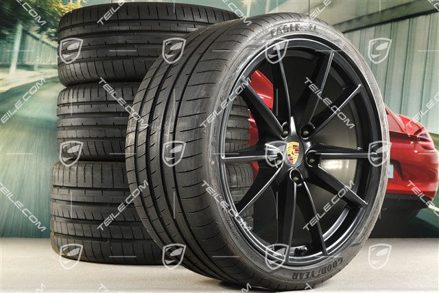 20+21-inch summer wheel set Carrera S, rims 8,5J x 20 ET53 + 11,5J x 21 ET67 + NEW Goodyear summer tyres 245/35 R20 + 305/30 R21, with TPM, black satin matt