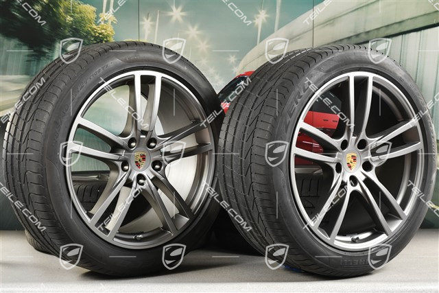 21-inch Cayenne Turbo Design summer wheel set, rims 9,5J x 21 ET46 + 11,0J x 21 ET58 + Pirelli P Zero summer tyres 285/40 R21 + 315/35 R21, with TPMS, Platinum satin mat