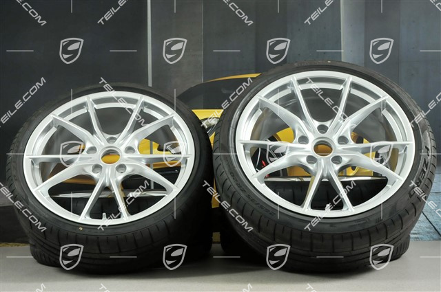20" Carrera S summer wheel set, rims 8J x 20 ET57 + 10J x 20 ET45 + NEW Pirelli summer tires 235/35 ZR20 + 265/35 ZR20, silver, with TPMS