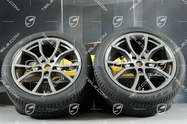 21-inch Cayenne Exclusive Design summer wheel set, rims 9,5J x 21 ET46 + 11,0J x 21 ET58 + Pirelli P Zero summer tyres 285/40 R21 + 315/35 R21, with TPMS, Platinum satin matt
