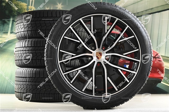 21" Macan Design Winterräder Satz, Felgen 8,5J x 21 ET27 + 10,5J x 21 ET47 + NEUE Continental Winterreifen 255/45 R21 + 285/40 R21, in Schwarz Hochglanz