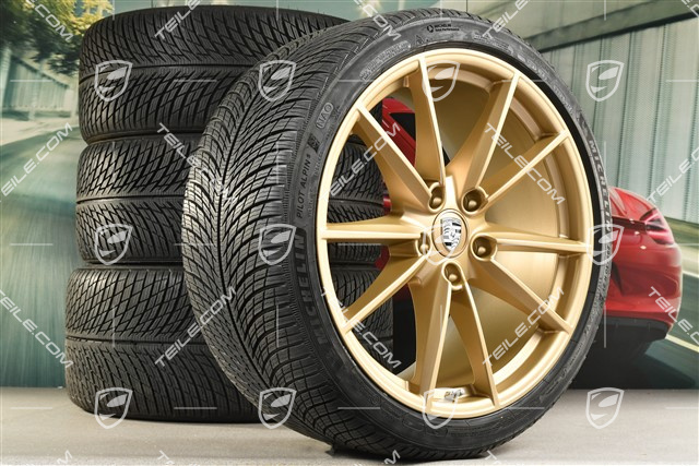 20"+21" Carrera S Winterräder Satz, Felgen 8,5J x 20 ET53 + 11J x 21 ET66 + NEUE Michelin Winterreifen 245/35 R20 + 295/30 R21, in Aurum Gold Seidenmatt