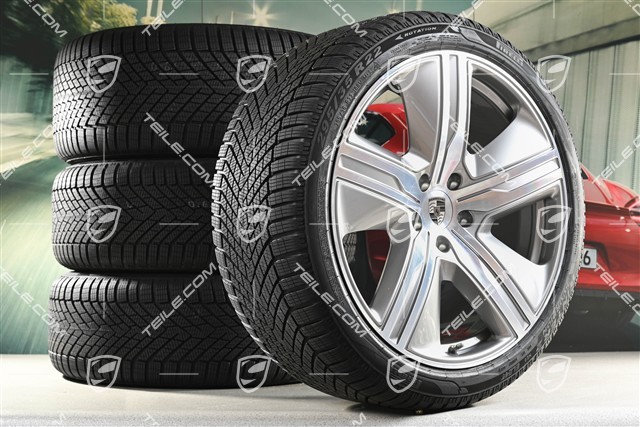 22" koła zimowe Macan Exclusive Design, felgi 9J x 22 ET29 + 11J x 22 ET47 + NOWE opony zimowe Pirelli 255/40 R22 + 295/35 R22, srebrna platyna