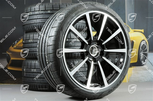 20" Carrera Classic Sommerräder Satz, Felgen 8J x 20 ET57 + 10J x 20 ET45 + Pirelli Sommerreifen 235/35 ZR20 + 265/35 ZR20, mit RDK-Sensoren, in Schwarz-Hochglanz
