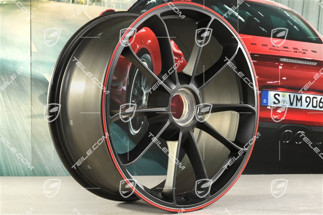 20" Felgensatz GT3, 9J x 20 ET55 + 12J x 20 ET47, in Schwarz seidenmatt + Rand in Rot
