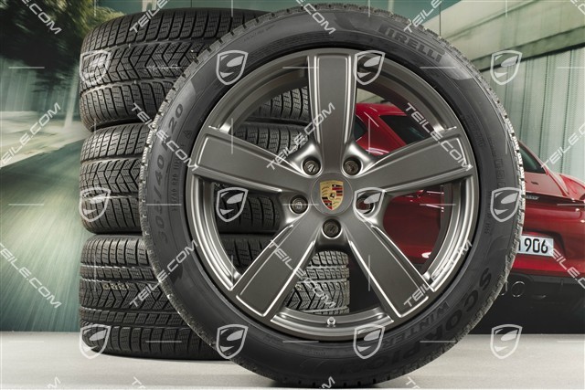 20" Cayenne COUPE Sport Classic Winterräder Satz, Felgen 9J x 20 ET50 + 10,5J x 20 ET55 + Pirelli Winterreifen 275/45 R20 + 305/40 R20, mit RDK-Sensoren, Platinum Seidenmatt