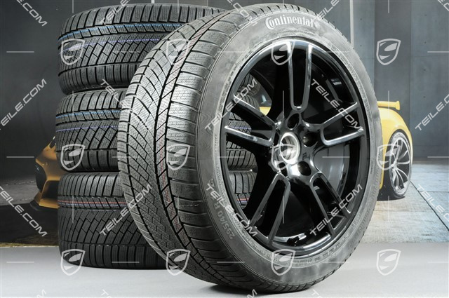 19" Winterräder Satz "Panamera", Felgen 9J x 19 ET64 + 10,5 J x 19 ET62 + Continental ContiWinterContact PS830 P Winterreifen 265/45 R19 + 295/40 R19, in Schwarz Hochglanz