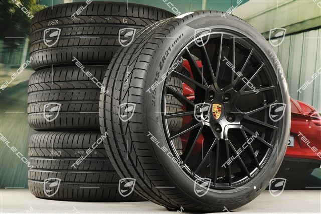 21-inch Cayenne RS Spyder summer wheel set, rims 9,5J x 21 ET46 + 11,0J x 21 ET49 + NEW Pirelli P Zero summer tyres 285/40 R21 + 315/35 R21, black satin matt