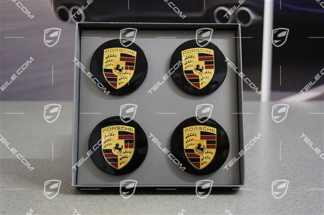 Radzierdeckel Satz (4 Stück), schwarz, Hochglanz, mit farbigem Porschewappen