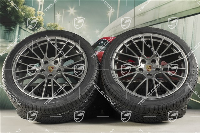 21" Cayenne COUPÉ RS Spyder Winterräder Satz, Felgen 9,5J x 21 ET46 + 11,0J x 21 ET49 + Pirelli Winterreifen 275/40 R21 + 305/35 R21, mit RDK-Sensoren, Platinum Seidenmatt