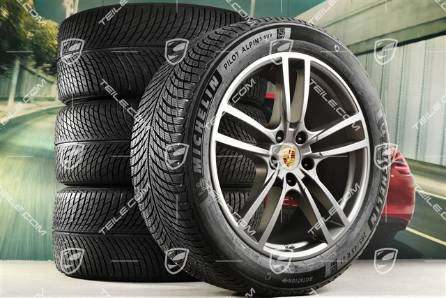 21-inch Cayenne Turbo winter wheel set, rims 9,5J x 21 ET46 + 11,0J x 21 ET58 + NEW Michelin winter tyres 285/45 R21 + 305/40 R21, with TPMS, Platinum satin matt