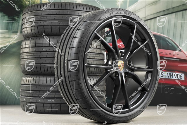 20" Carrera S summer wheels set, rims 8J x 20 ET57 + 10J x 20 ET45, Pirelli summer tires 235/35 ZR20 + 265/35 ZR20, black satin-matt, with TPMS