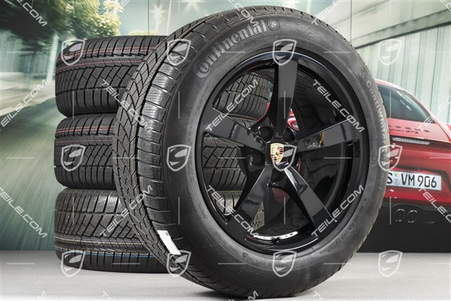 18" "Macan" koła zimowe komplet, felgi 8J x 18 ET21 + 9J x 18 ET21 + NOWE opony zimowe Continental 235/60 ZR 18 + 255/55 ZR 18, z czujnikami ciśninia, czarny wysoki połysk