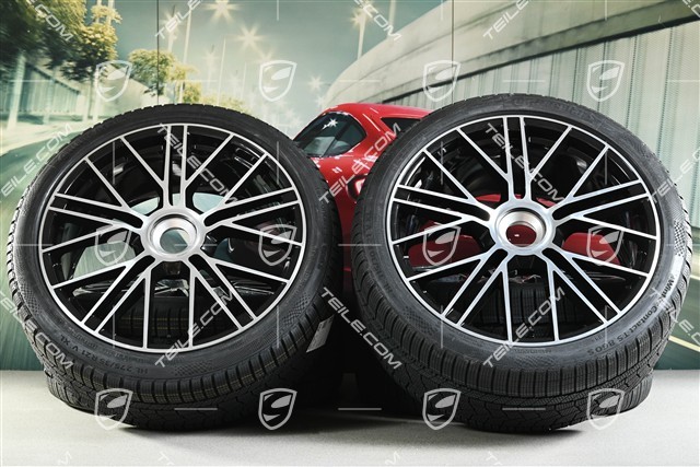 21" Panamera Turbo S Koła zimowe, komplet, centralne mocowanie, felgi 9,5J x 21 ET71 + 10,5J x 21 ET71 + NOWE opony zimowe Continental Winter Contact TS860 S 275/35 R21 + 315/30 R21, czarny wysoki połysk