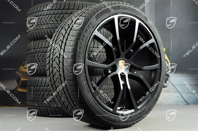 21" Cayenne Exclusive Design Winterräder Satz, Felgen 9,5J x 21 ET46 + 11,0J x 21 ET58 + Pirelli Winterreifen 275/40 R21 + 305/35 R21, mit RDK-Sensoren, Schwarz Seidenmatt
