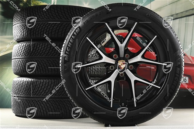 21" koła zimowe Cayenne RS Spyder Design, komplet, felgi 9,5J x 21 ET16 + 11J x 21 ET37 + opony zimowe Michelin Pilot Alpin 5 275/45 R21 + 315/40 R21, czarny wysoki połysk