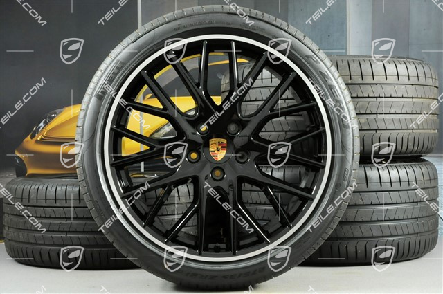 21-inch Panamera SportDesign summer wheel set, rims 9,5J x 21 ET71 + 11,5J x 21 ET69 + NEW Pirelli summer tires 275/35 ZR21 + 315/30 ZR21, with TPM, in black high gloss