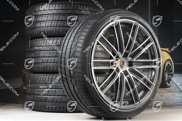 22-inch summer wheel set 911 Turbo IV Design, rims 10J x 22 ET48 + 11,5J x 22 ET61 + Pirelli summer tyres 285/35 ZR22 + 315/30 ZR22, with TPM