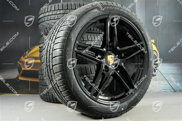 19" koła zimowe, komplet Carrera, felgi 8,5J x 19 ET50 + 11J x 19 ET56 + NOWE opony zimowe Pirelli Sottozero II 235/40 R19 + 295/35 R19, nie do samochodów z PCCB + skrętna tylna oś, czarny wysoki połysk