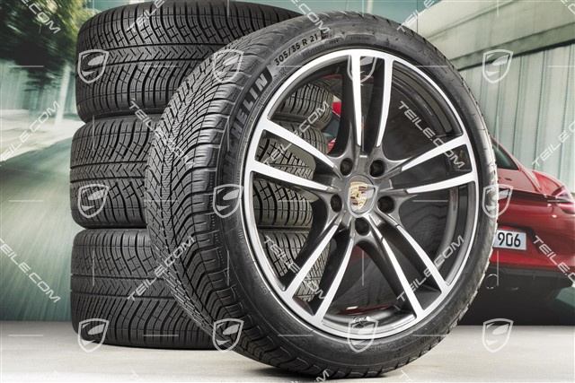 21" Cayenne Turbo Winterräder Satz, Felgen 9,5J x 21 ET46 + 11,0J x 21 ET58 + NEUE Michelin Winterreifen 275/40 R21 + 305/35 R21, mit RDK-Sensoren, Titanium