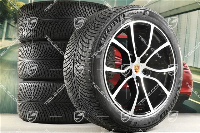 21" Cayenne Exclusive Design Winterräder Satz, Felgen 9,5J x 21 ET46 + 11,0J x 21 ET58 + NEUE Michelin Winterreifen 285/45 R21 + 305/40 R21, mit RDK-Sensoren, Tiefschwarz Metallic
