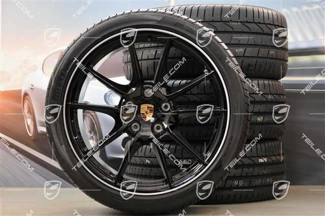 20" Komplet kół letnich Carrera S (III), 8J x 20 ET57 + 9,5J x 20 ET45 + NOWE opony Pirelli 235/35 ZR20 + 265/35 ZR20, gwiazda felgi czarna (połysk)