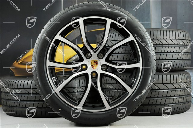 21" koła letnie Cayenne COUPE Exclusive Design, komplet, felgi 9,5J x 21 ET46 + 11,0J x 21 ET49 + NOWE opony letnie Pirelli 285/40 R21 + 315/35 R21, czarny wysoki połysk, z czujnikami ciśnienia