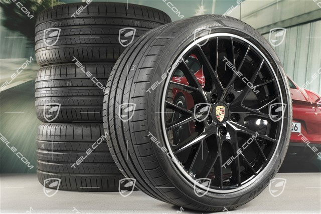 21" Panamera SportDesign Sommerräder, Felgen 9,5J x 21 ET71 + 11,5J x 21 ET69 + Pirelli Sommerreifen 275/35 ZR21 + 315/30 ZR21, mit RDK-Sensoren, Felgenstern in Schwarz Hochglanz