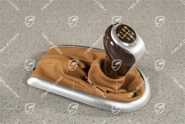 Gear shift knob, 6-speed, Aluminium / Dark burr maple / Leather, Brown natural