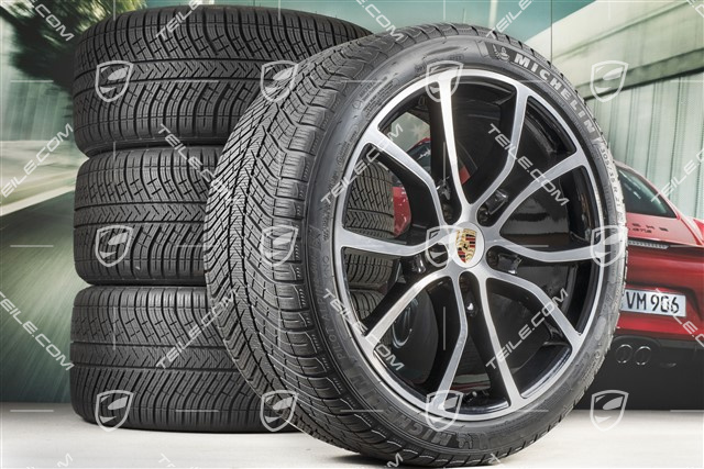 21" Cayenne COUPE Exclusive Design Winterräder Satz, Felgen 9,5J x 21 ET46 + 11,0J x 21 ET49 + Michelin Pilot Alpin 5 Winterreifen 275/40 R21 + 305/35 R21, mit RDK-Sensoren, schwarz hochglanz + Glanzdrehbereichen
