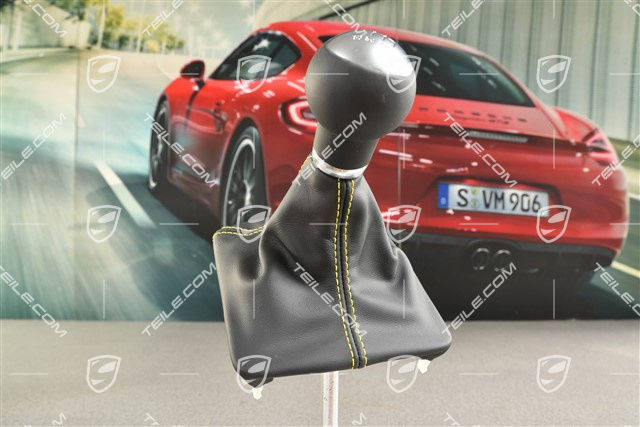 GT4, Shift lever / gear shift knob with Leather gaiter / sleeve and Yellow thread, 6-speed manual transmission