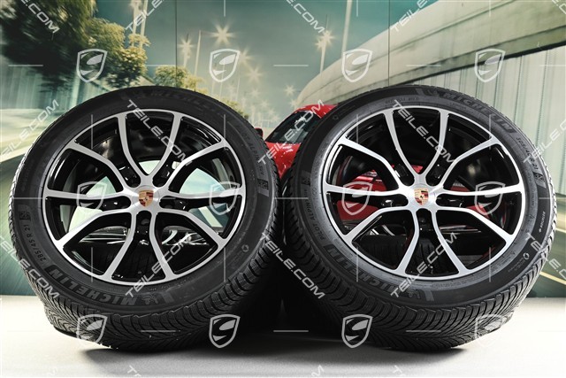 21" Cayenne COUPE Exclusive Design Winterräder Satz, Felgen 9,5J x 21 ET46 + 11,0J x 21 ET49 + Michelin Pilot Alpin 5 SUV Winterreifen 285/45 R21 + 305/40 R21, mit RDK-Sensoren, schwarz hochglanz