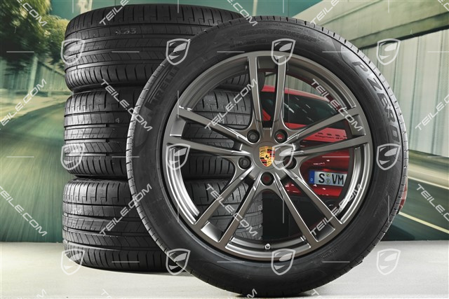 21-inch Cayenne Turbo summer wheel set, rims 9,5J x 21 ET46 + 11,0J x 21 ET49 + NEW Pirelli P Zero summer tyres 285/40 R21 + 315/35 R21, Platinum satin matt
