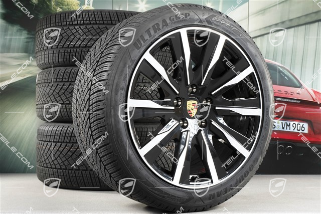 20-inch Taycan Tequipment Design winter wheel set, rims 9J x 20 ET54 + 11J x 20 ET60 + NEW Goodyear winter tyres 245/45 R20 + 285/40 R20, black high gloss