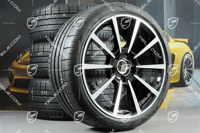 20" Carrera Classic Sommerräder Satz, Felgen 8J x 20 ET57 + 10J x 20 ET45 + NEUE Pirelli Sommerreifen 235/35 ZR20 + 265/35 ZR20, mit RDK-Sensoren, in Schwarz-Hochglanz