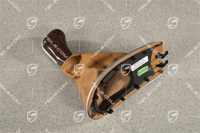 Gear shift knob, 6-speed, Aluminium / Dark burr maple / Leather, Brown natural