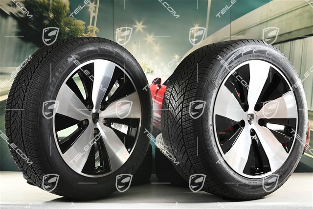 20-inch Macan winter wheel set, rims 7,5J x 20 ET32 + 10J x 20 ET49 + Goodyear winter tyres 235/55 R20 + 285/45 R20, black high gloss, millage about 30km